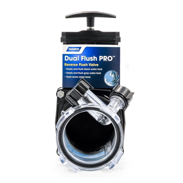 Camco Dual Flush Pro Holding Tank Rinser with Gate Valve (39062) , black, front-facing compact black rinser with integrated gate and anti-siphon valves, clear break-resistant polycarbonate adapter and hose fitting; designed to backfill and flush RV black and grey water tanks to remove residue and force water back into plumbing lines; often used to flush tanks before storage.