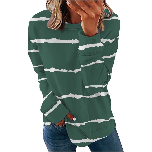 Pisexur Sweat à Capuche Oversize pour Femmes Décontracté Automne Col Rond Rayé Manches Longues T-Shirt Blouse Tunique Légère