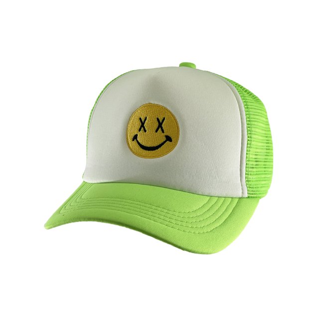 Gravity Threads Smile Face Embroidery Adjustable Trucker Hat - Cross Eye - White/Neon Green