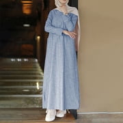FcBaudy Long Sleeve Round-Neck Ankle Dress,Womens Dresses,Summer Dresses for Women Women's Fashion Round Neck Loose Long Sleeve Stripe Cotton Linen Ankle-length Dress Long Dress Women Dress