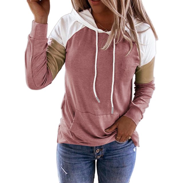 MAWCLOS Ladies T-shirt Color Block Sweatshirt Long Sleeve Pullover Loose Fit Work Hooded Neck Hoodies Pink 2XL