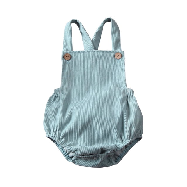 SUNSIOM Newborn Baby Corduroy Sleeveless Romper Solid Color Backless Jumpsuit in mint green. Designed for baby boys aged 0-24 months, it features a cross-strap design with wooden button accents, elastic waistband, and snap closure at the bottom for easy diaper changes. Made of soft, breathable corduroy fabric, ideal for summer wear.