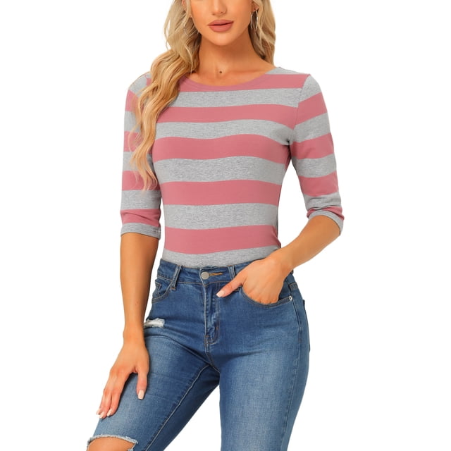 INSPIRE CHIC T-Shirts à Rayures pour Femmes Coupe Ajustée Manches au Coude Col Bateau T-Shirt TG Rose Gris
