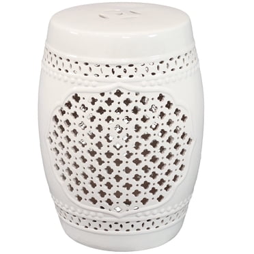 Sunnydaze Marrakesh Lattice Ceramic Decorative Garden Stool - Modern Indoor/Outdoor Glazed Round Drum Side Table - Multipurpose Accent Piece - White -17.75"