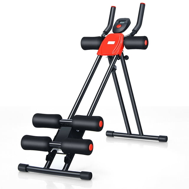 Gymax Adjustable Foldable Core Abdominal Trainer AB Crunch Workout Machine with Display. This black and red fitness machine features a heavy-duty steel frame with a triangular structure for stability, foam-padded U-shaped handles for a comfortable grip, and a foldable design for easy storage. It includes a 3-level adjustable height mechanism to customize workout intensity and an LCD monitor to track reps, time, and calories. Suitable for full-body workouts, it supports up to 330 lbs and measures 43.5'' x 16'' x 35'' when assembled.