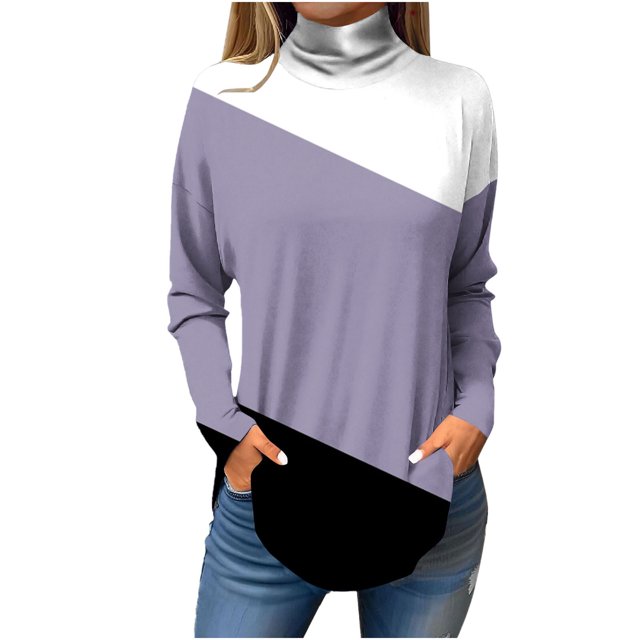 FAIWAD Tunique à Col Roulé pour Femmes Manches Longues Chandail à Blocs de Couleur Décontracté Ample Tendance