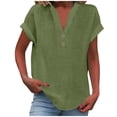 thumbnail image 1 of RKSTN Womens Summer Tops Fashion Cotton and Linen Buttons Going out Tops Basic Solid Color Shirts V-Neck Short Sleeve Loose Fit Pullover Tops, 1 of 5