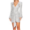 thumbnail image 1 of Pisexur Robes pour Femmes à Manches Longues à Col en V Profond Robe de Cocktail Mode à Paillettes Robes de Retour à la Maison Tunique Formelle Robe de Bal de Fin d'Année Robe de Soirée Robe de Fête Fluide Plissée Robe Midi, 1 of 6