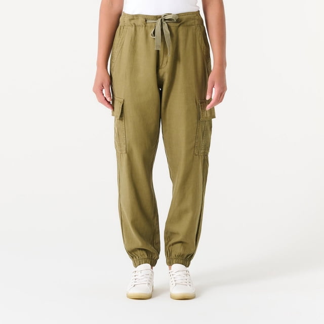 DEVOTED CARGO PANT in olive green, women's cargo pants with a relaxed fit and tapered legs, elastic waistband with drawstring, side flap pockets, and elastic cuffs at the ankles, made from lightweight durable fabric ideal for outdoor activities, casual wear, and light hiking.