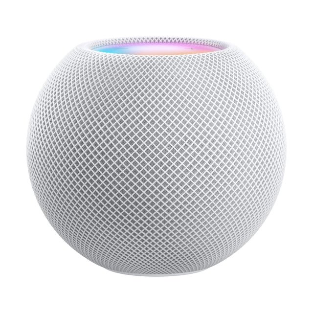 HomePod mini smart speaker in white with a spherical mesh design and multicolored touch control surface on top, delivering rich 360-degree audio, smart home assistant features, and seamless multi-room sound connectivity.
