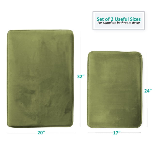 Set of 2 Clara Clark Bath Mat Bathroom Rug - Absorbent Memory Foam Bath Rugs - Non-Slip, Thick, Cozy Microfiber Bathrug, Plush Shower, Toilet Bathmats - Sage - Large Size 20"x32" Small Size 17”x24”