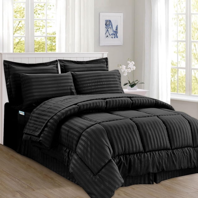 Mocassi Cozy & Soft 8-Piece Bedding Set - Includes Comforter, Smart Sheet Set, Bed Skirt, Matching Pillowcases and Shams, Striped Design, King/California King, Black Comforter Set