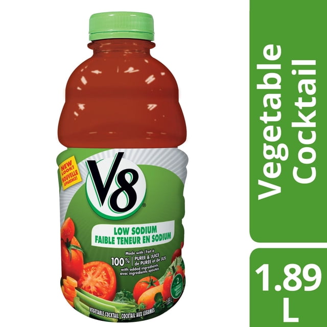 V8 Low Sodium Vegetable Cocktail 1.89 L bottle with green cap and label featuring tomatoes, carrots, celery, and greens, delivering 2 servings of vegetables, fibre, vitamin C, and potassium, often used as a nutritious vegetable juice option.