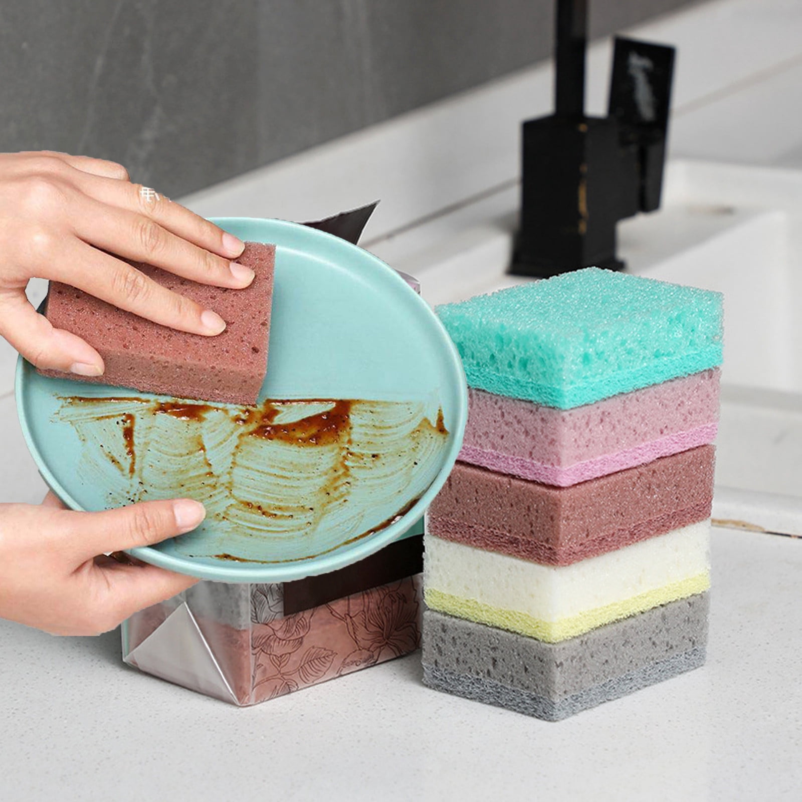 PEONAVET Sponge Brush Natural Wood Pulp Sponge Double-side Oil Dishwashing Sponges Kitchen Cleaning Sponge Block Kitchen Cleaning Tool