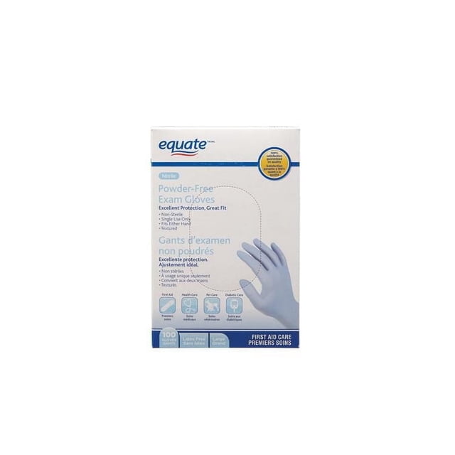 Equate Nitrile Powder-Free Exam Gloves box showing a large size blue nitrile glove image on a white and blue package, latex-free and textured for better grip, chemical resistant, suitable for first aid, health care, pet care, and diabetic care, containing 100 gloves.