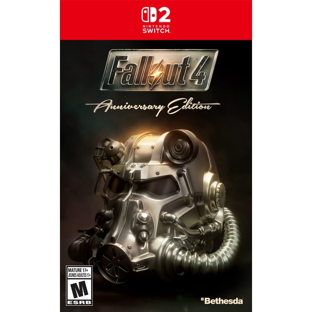 Fallout 4: Anniversary Edition – Nintendo Switch 2 cover art featuring a close-up of a metallic power armor helmet with mechanical tubing and vents on a dark background, including the Fallout 4 logo and Bethesda branding.