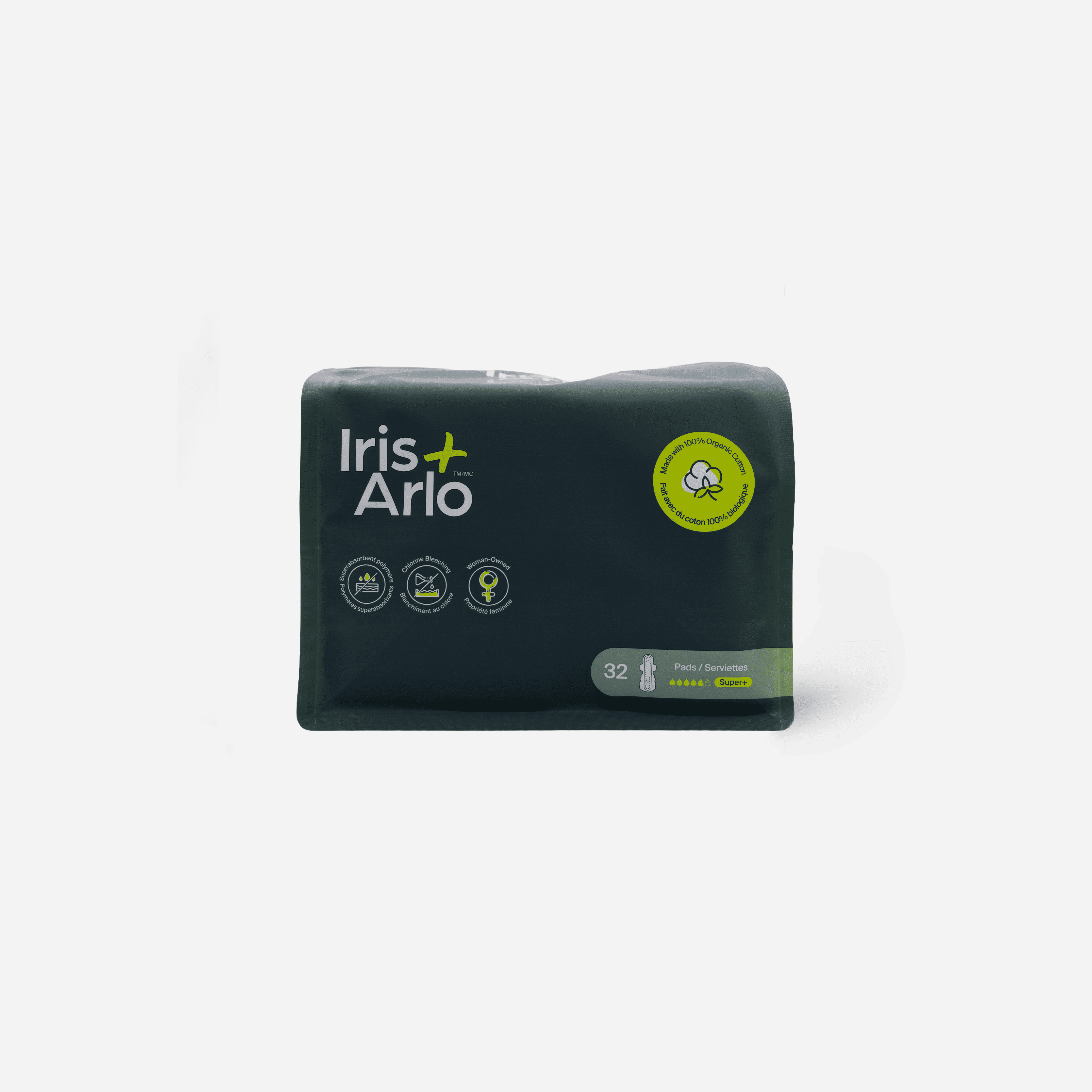 Iris + Arlo Serviettes Hygiéniques Biologiques 100 % Coton / Sac Super Plus Refermable (32 Unités), Serviettes Hygiéniques pour Femmes + Toutes les Menstruatrices avec Ailes
