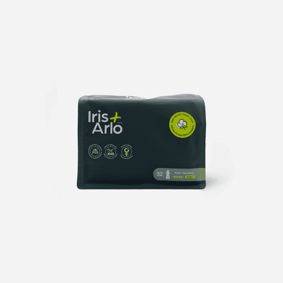 Iris + Arlo Organic Pads with Wings, Super +, 100% Cotton, Chemical-Free, Non-toxic, No plastic | Resealable Bag (32 Count)