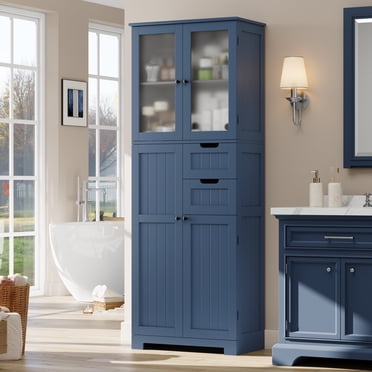 Homfa Armoire de Salle de Bain de 67 Pouces, Armoire à Linge avec Portes et Tiroirs Amovibles, Armoire de Cuisine, Bleu