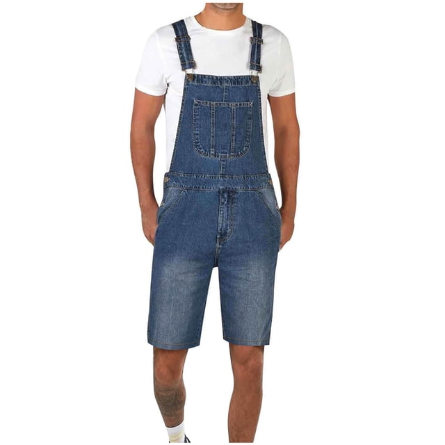 JIUKE Jumpsuits for Men Casual Summer Washed Suspender Short Rompers with straight-leg denim shorts, adjustable shoulder straps, and a front pocket. Ideal for summer casual wear, the model pairs it with a white t-shirt for a relaxed and versatile look.