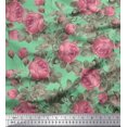 thumbnail image 1 of Soimoi Green Silk Fabric Leaves & Rose Flower Print Sewing Fabric BTY 42 Inch Wide, 1 of 3