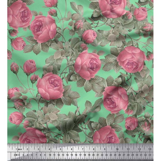 Soimoi Green Silk Fabric Leaves & Rose Flower Print Sewing Fabric BTY 42 Inch Wide