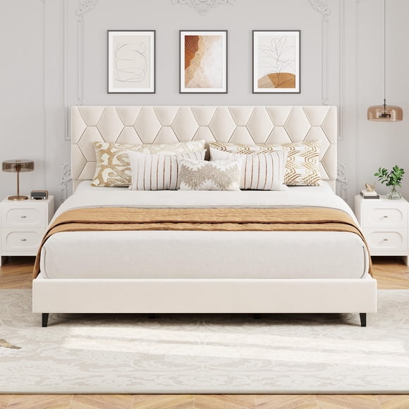 AKDSteel Bed Frame with Upholstered Headboard, Heavy-Duty Platform Bed, Strong Wood Slat Support, No Box Spring Needed, Easy Assembly