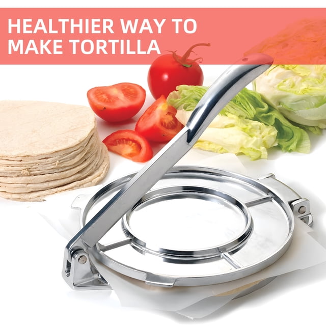 Presse Tortilla 8 Pouces Robuste Presse Tortilla à Farine Alliage d'Aluminium Pré-Assaisonnée Roti avec Poignée pour Maïs / Pâte / Pizza / Tarte / Farine Tortilla