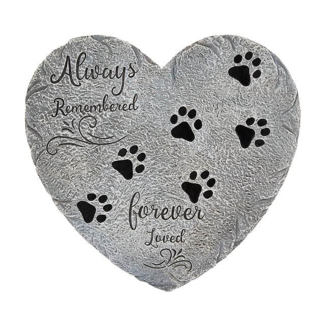 Mainstays Pet Memorial Step Stone, heart-shaped grey polyresin stone featuring black paw prints and the engraved message 'Always remembered forever loved,' suitable for garden or walkway landscaping as a durable outdoor pet tribute.