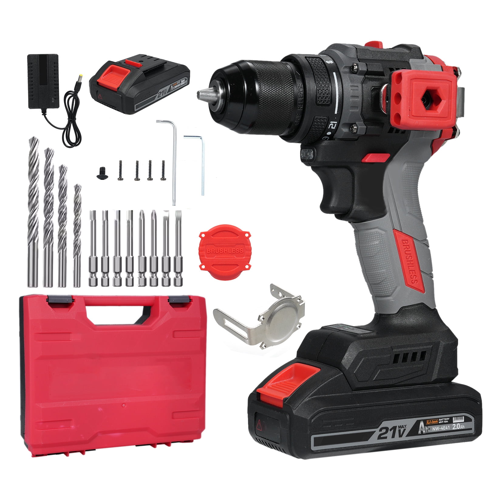 Mistaha 21V Brushless Cordless Hammer Drill Set with 2 Batteries and Charger - Impact Lithium Drill Kit with 55N.M Torque, 2-Speed, LED Light - Metal Ratchet Chuck, Ergonomic Design, Portable Storage
