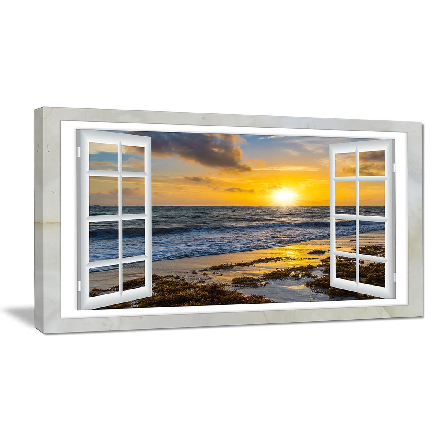 Tableau sur toile imprimée Design Art Paysage marin moderne Couchée de soleil jaune brillant à travers une fenêtre