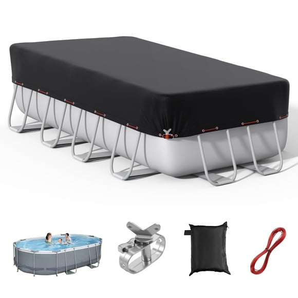 COSYUMI Couverture de Piscine Rectangulaire 9*18 Pi, Couvertures de Piscine Solaires avec Treuil et Câble pour Piscine hors Terre Rectangulaire, Oxford 420D Résistant aux UV, Imperméable, Coupe-Vent et Anti-Neige pour Toutes les Saisons