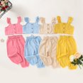 thumbnail image 3 of Toddler Baby Girl Solid Color Ruffle Sleeveless Button Down Halter Tank Crop Tops and Pants Outfits Yellow 1-2 Years, 3 of 6