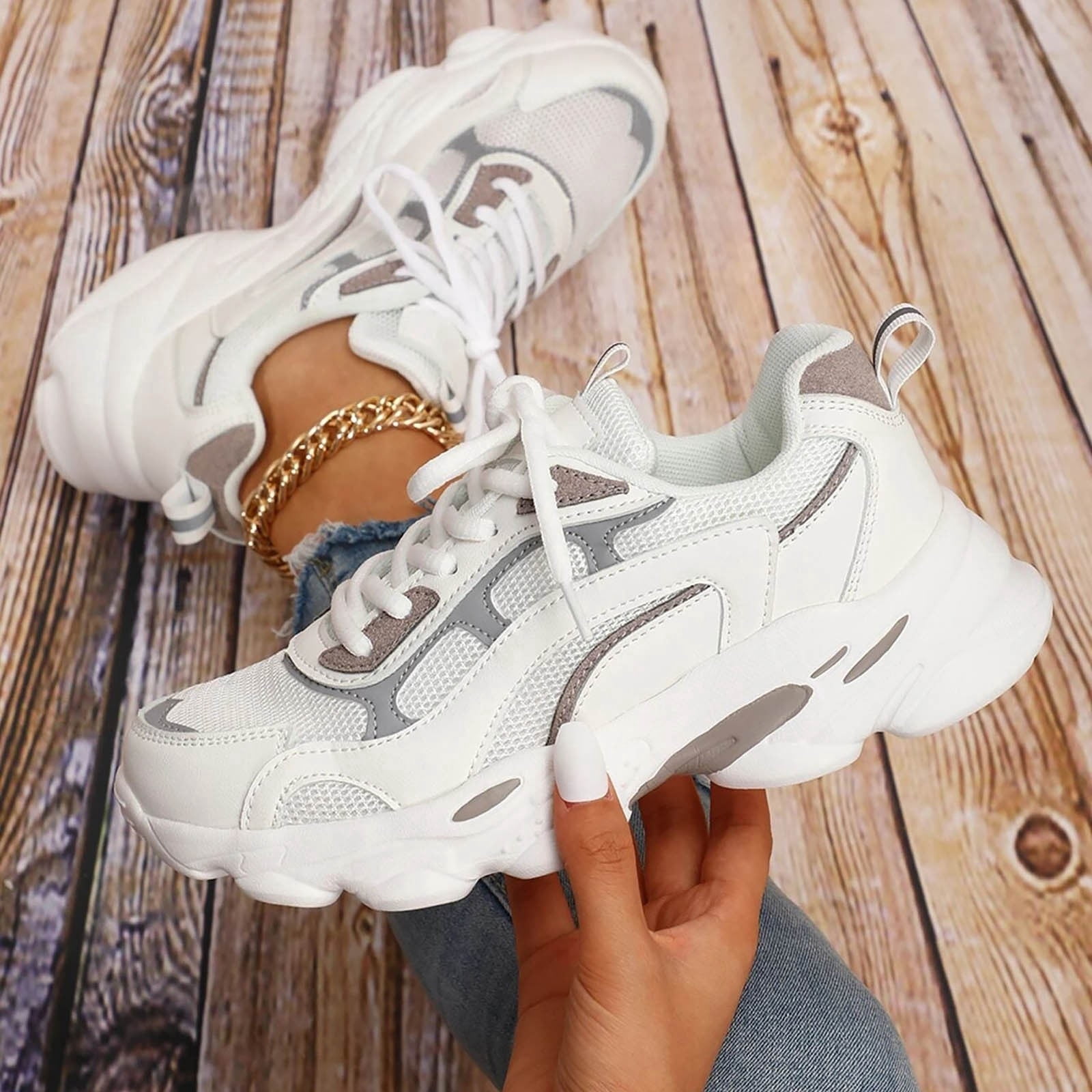 XIAQUJ Women Lace up Running Shoes Sports Shoes White Sneakers Women's Fashion Sneakers White 7(38)