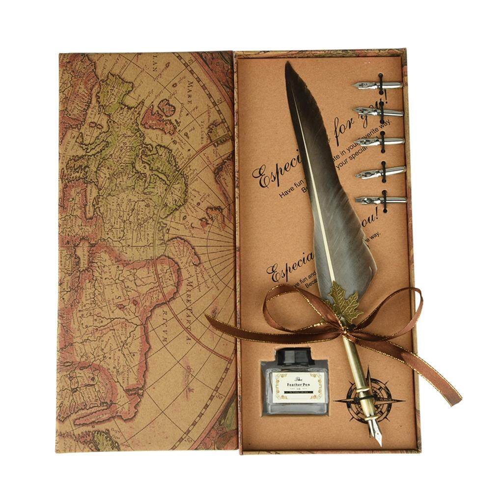 kurtrusly European Retro Feather Quill Alloy Pen Dip Dip Feather Pen Nib Calligraphy Writing Pen Gift Set With Ink Bottle