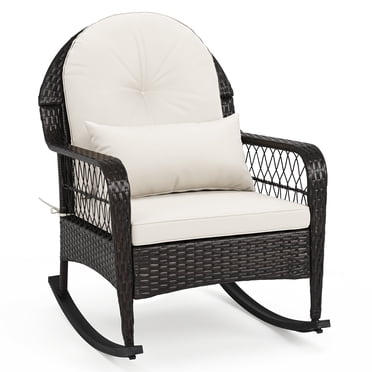 Costway Patio Wicker Rocking Chair W/Seat Back Cushions & Lumbar Pillow Porch Off White
