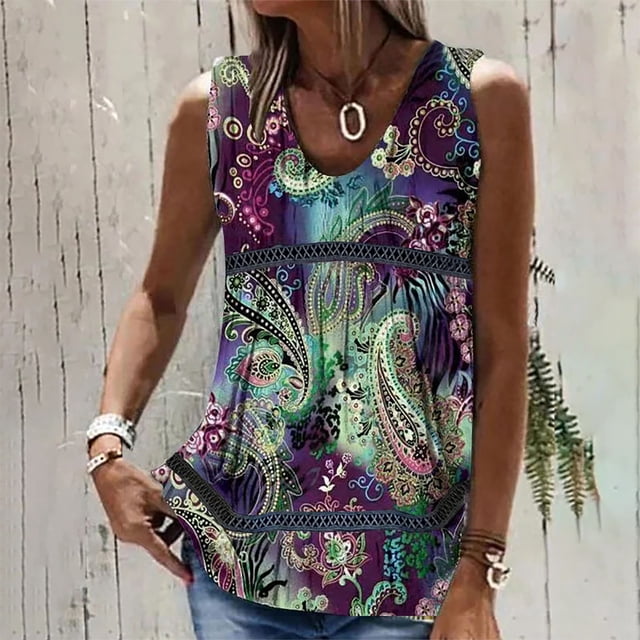 EQWLJWE Débardeurs Sans Manches pour Femmes Débardeurs d'Été pour Femmes Mode Femmes Été Sans Manches Col en V Chandail à Enfiler Imprimé Blouse Décontractée Hauts