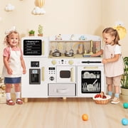 OLAKIDS Kids Kitchen Playset, Toddler Wooden Pretend Cooking Toy Set with Acrylic Drawing Board Ice Machine Dishwasher Cloth Drawer Stove Removable Sink Simulation Play Kitchen for Boys Girls