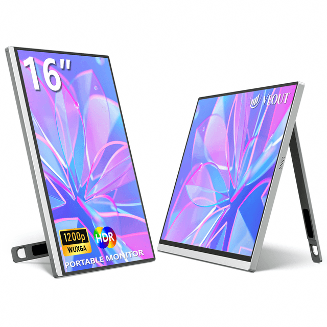 16 Inch Portable Monitor for Laptop with a 1920x1200P FHD IPS display, shown in a silver finish. The monitor features a 16:10 aspect ratio, 100% sRGB color accuracy, and a wide 178° viewing angle. It includes an adjustable aluminum stand and offers USB-C and Mini HDMI connectivity. Two views are displayed: one in landscape mode and the other in portrait mode, highlighting its versatility for use with PCs, phones, and gaming consoles.