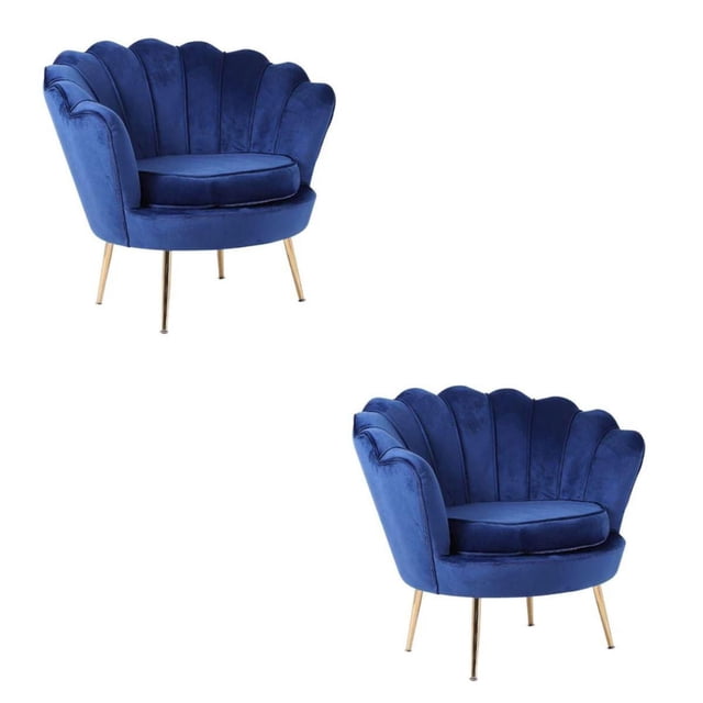 Heavenly Collection Ensemble de 2 Fauteuils d'Appoint Gris avec Deux Fauteuils d'Appoint Style Tonneau en Velours Bleu, Dotés d'Un Élégant Capitonnage à Canaux, de Coussins de Siège Ronds et de Pattes en Acier Inoxydable Doré Brillant, Idéal pour les Sièges de Salon et la Déco d'Accent.