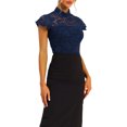 thumbnail image 4 of INSPIRE CHIC Women's Keyhole Back Top Short Sleeve Stand Collar Semi Sheer Blouse S Navy Blue, 4 of 6