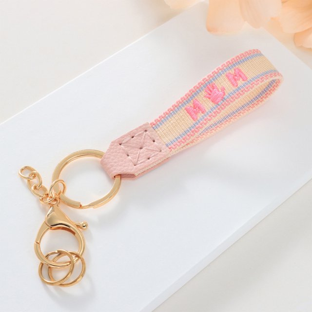 Short Fabric Embroidered Keychain for Mother's Day, Handmade Crochet Design with Leather Details, Measuring 15.5x3x1cm, Ideal as Key Accessory or Gift