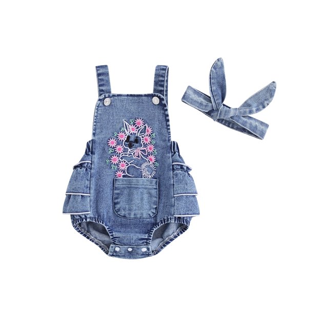 Gupgi Baby Girls Denim Rompers 6M 12M 18M 24M Flower Rabbit Embroidery Bodysuits Infant Sleeveless Straps Easter Jumpsuit Headband
