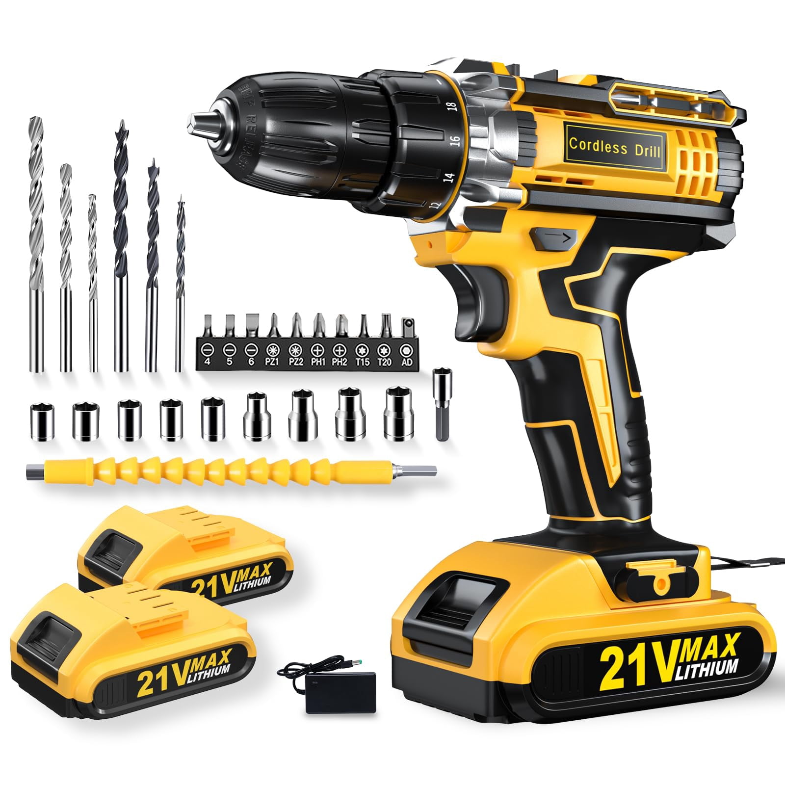 Drill, 21V Cordless Drill with Dual 2.0Ah Power Pack, Electric Drills 3/8 Inch Chuck 370 In-lbs, 25+1 Torque Power Combi Screwdriver Set with Power Pack and Charger,