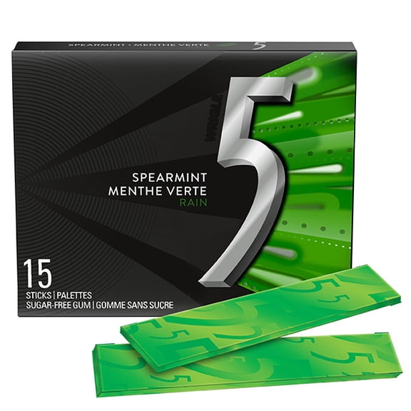 5 GUM, Spearmint-Rain Flavoured Sugar Free Chewing Gum, 15 Sticks, 1 Pack