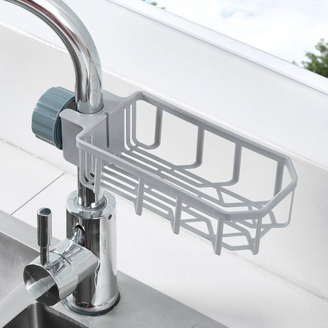 Oleegame 1PC Shower Soap Dish With Hook Sink Sponge Rack Stand Kitchen Faucet Storage Rack Sponge And Towel Rack Drain Basket Home Kitchen Cleaning Tools Gray