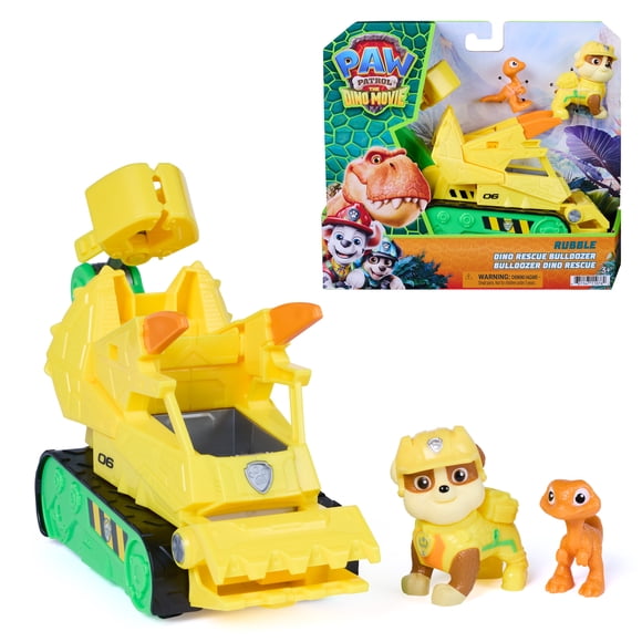 PAW Patrol: The Dino Movie, Rubble Dino Rescue Bulldozer avec pelle et pince articulées, 2 figurines articulées et un véhicule, jouets pour garçons et filles à partir de 3 ans