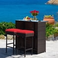 thumbnail image 1 of Patiojoy Ensemble de Bar en Rotin Osier pour Patio 3 Pcs Table avec 2 Tabourets Coussinés Rouges, 1 of 10
