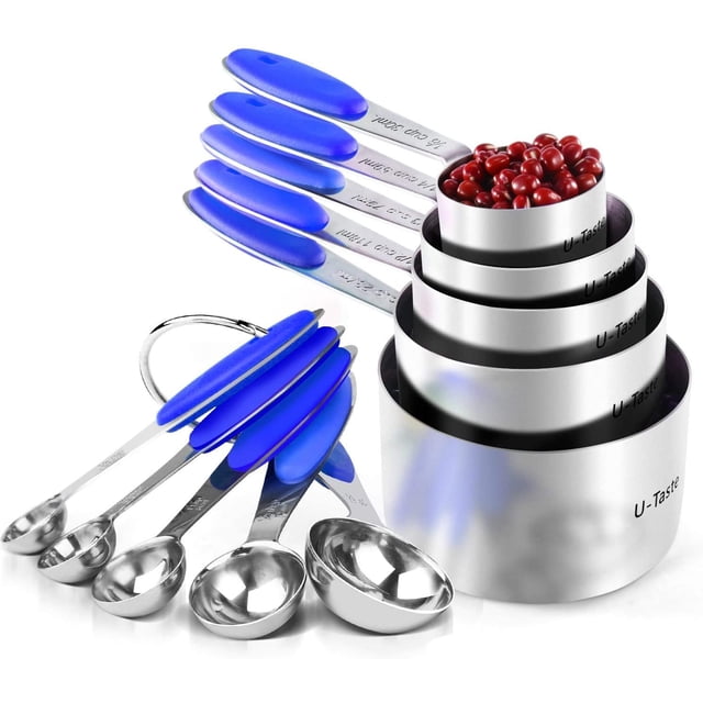 U-Taste 18/8 Stainless Steel Measuring Cups and Spoons Set: 10 Pieces Metal Stacking Kitchen Baking Cooking Food Measure Set 5 Cups 5 Spoons with Strengthened weld joints (Black)