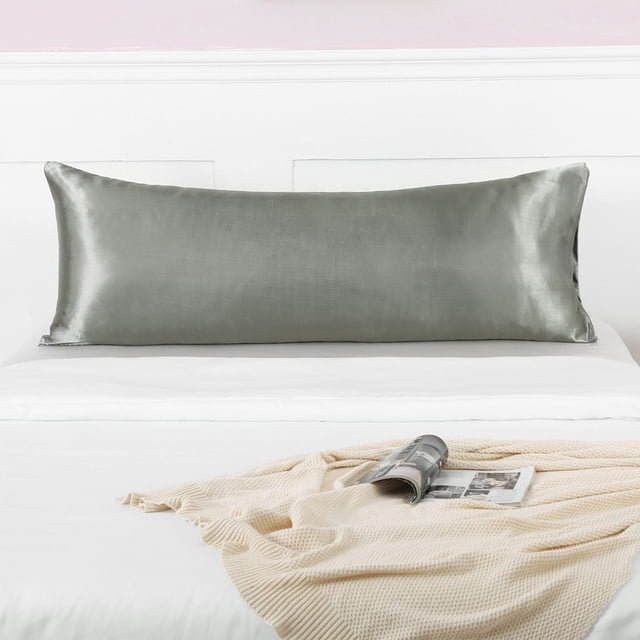 zanvin 2 Pack Microfiber Soft Body Pillowcase with Hidden Zipper, measuring 20 x 54 inches, displayed in a soft grey tone. The pillowcase is shown on a neatly made bed with a white sheet and a beige knit throw blanket. The design features a smooth, breathable microfiber fabric with a hidden zipper closure, ideal for bedrooms, living rooms, or as a decorative addition to sofas. Package includes two pillowcases; body pillow not included.